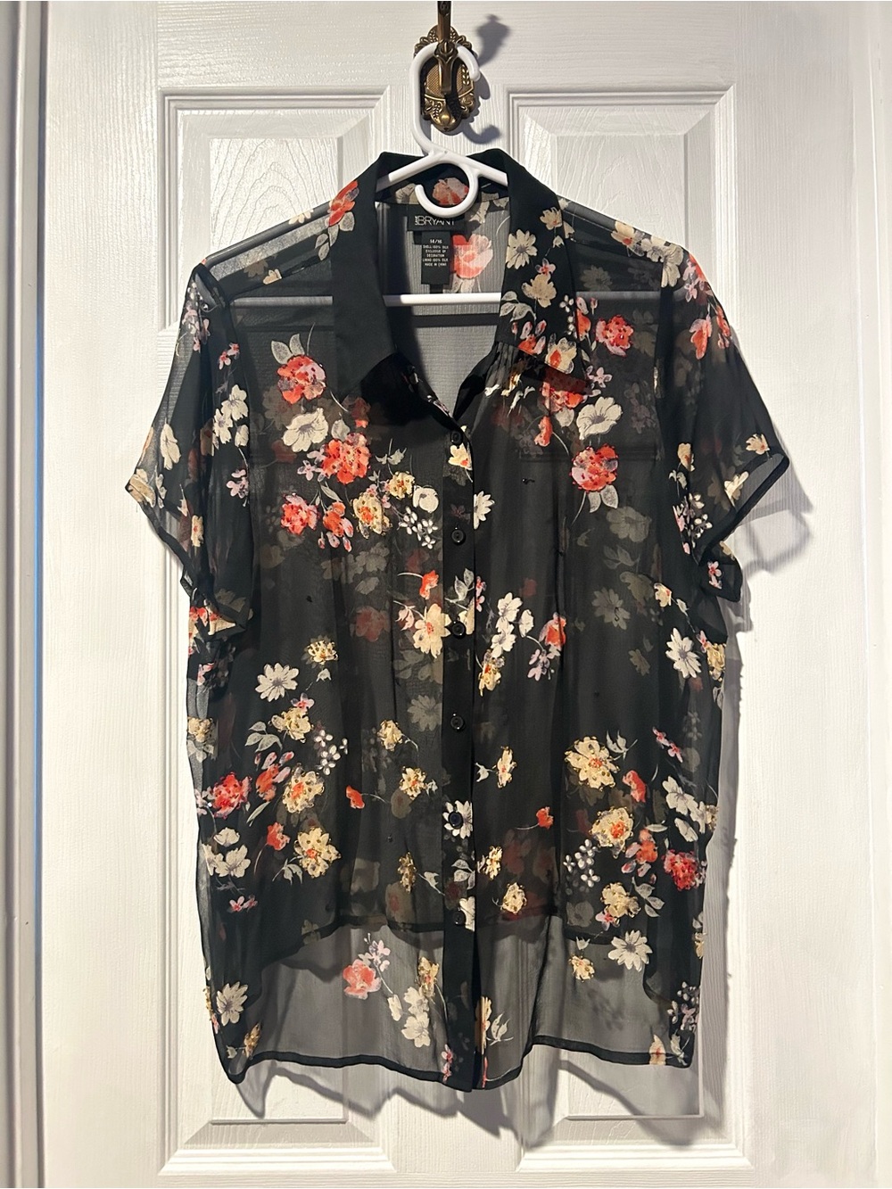 Lane Bryant 100% Silk Floral Sheer Shirt Size 14/16 Short Sleeve